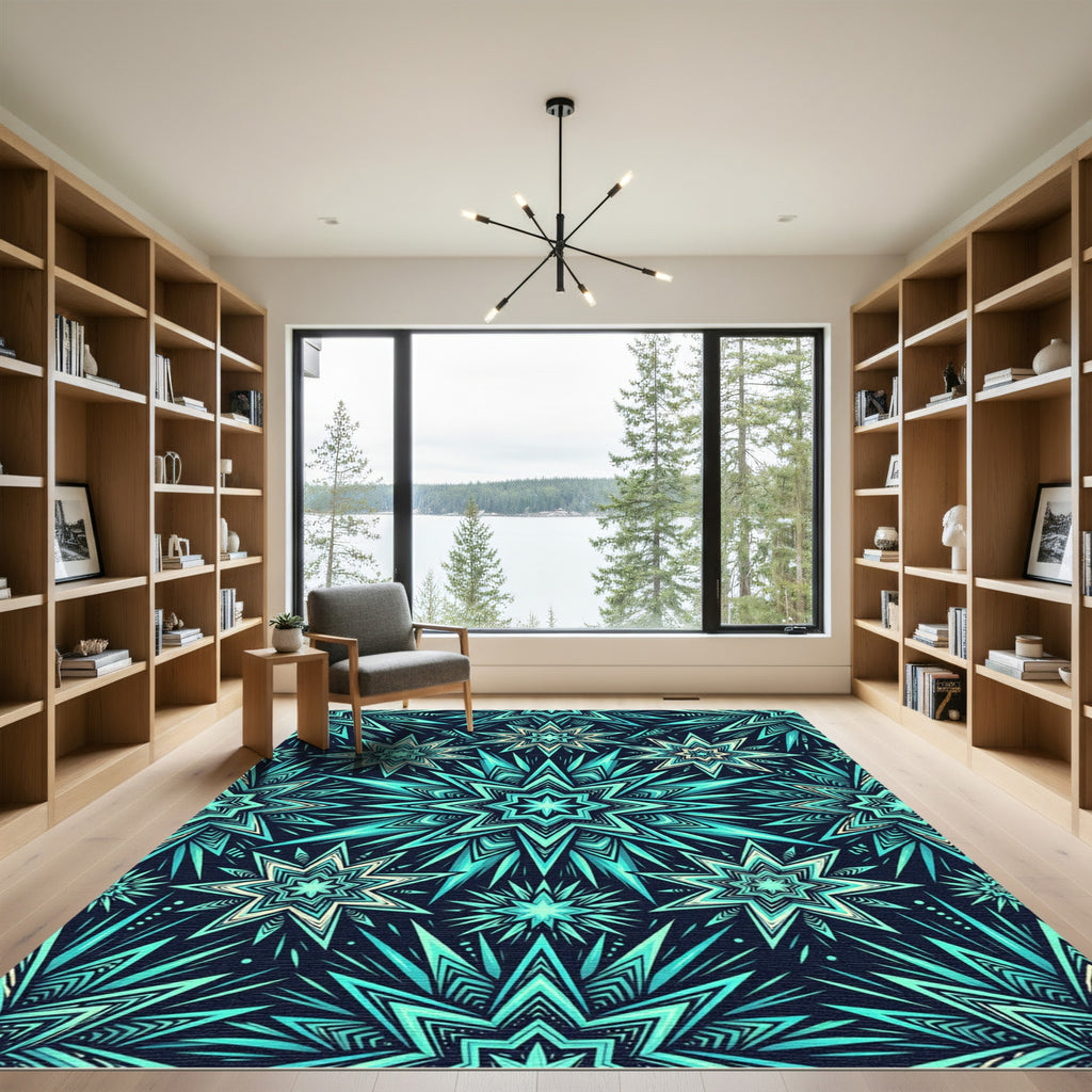 Radiant Teal Celestial Starry Medallion Rug