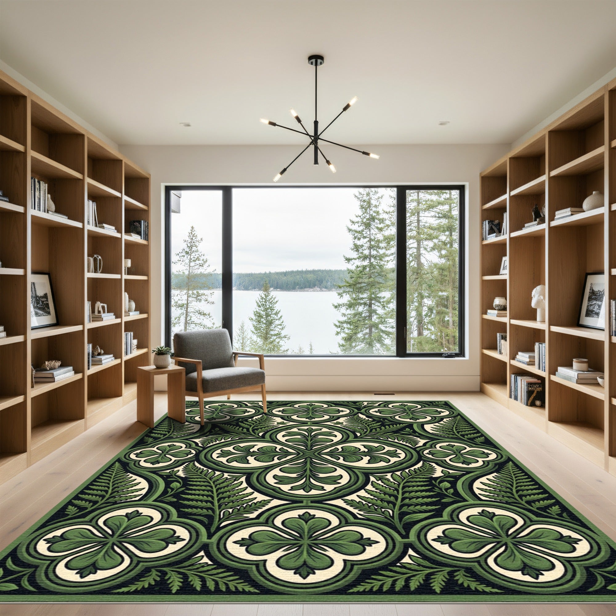 Green Botanical Quatrefoil Fern Tile Rug