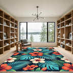 Lush Tropical Hibiscus and Palm Leaf Rug