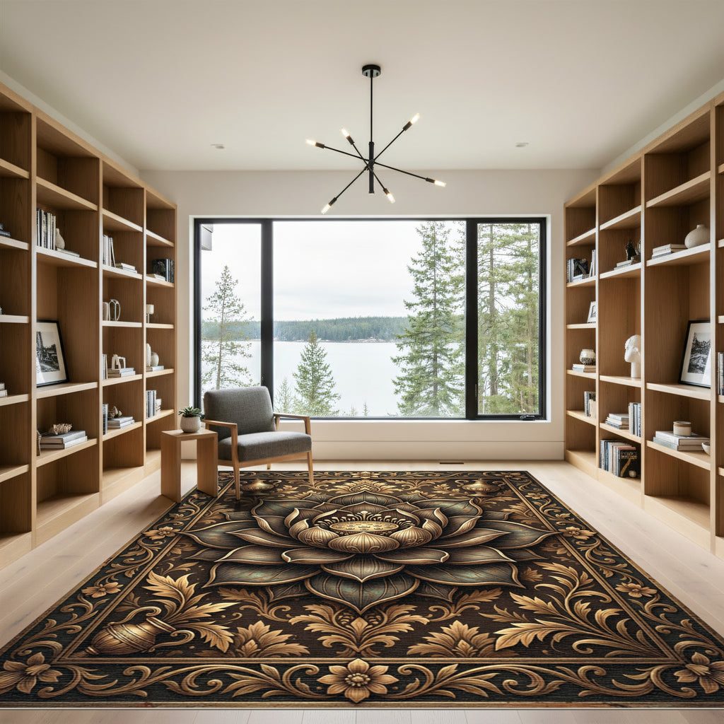 Ornate Golden Lotus Blossom Frame Rug