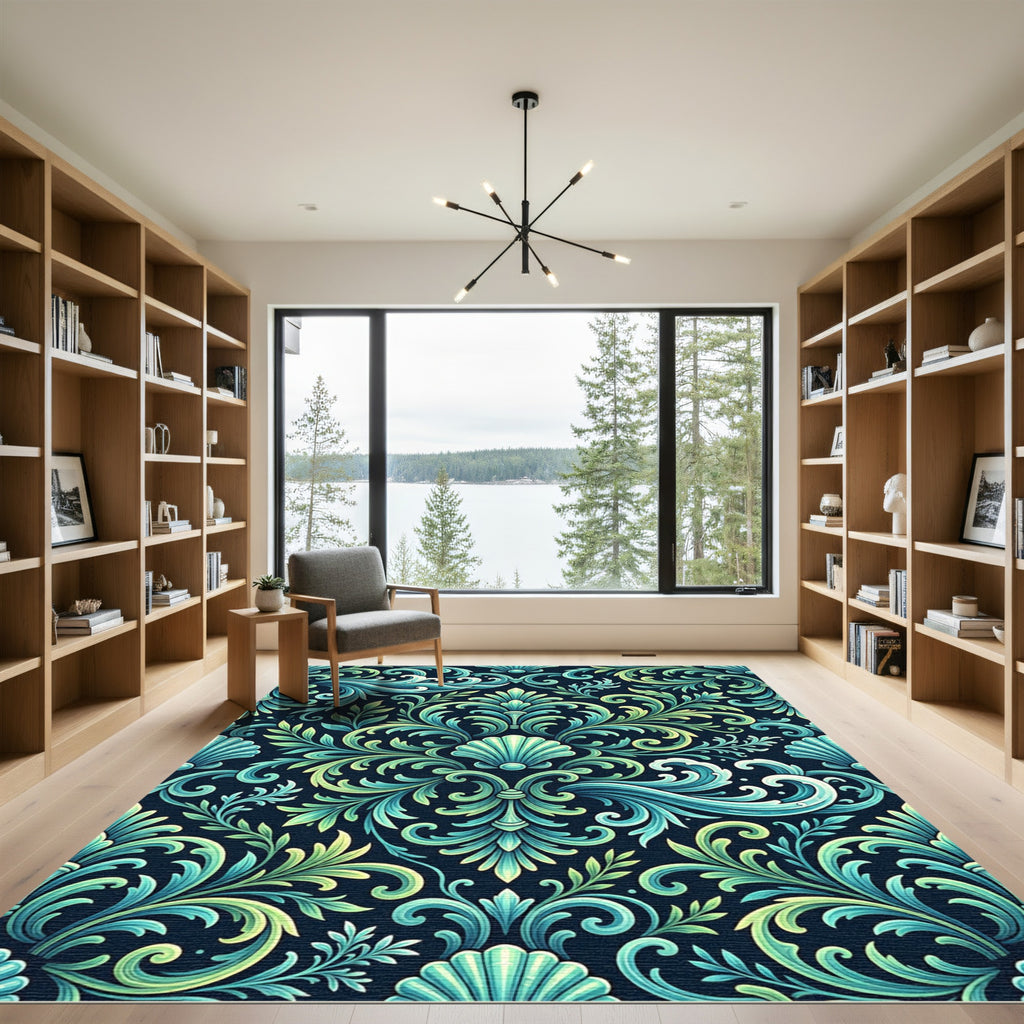 Deep Teal Ocean Scrollwork Laminate Rug
