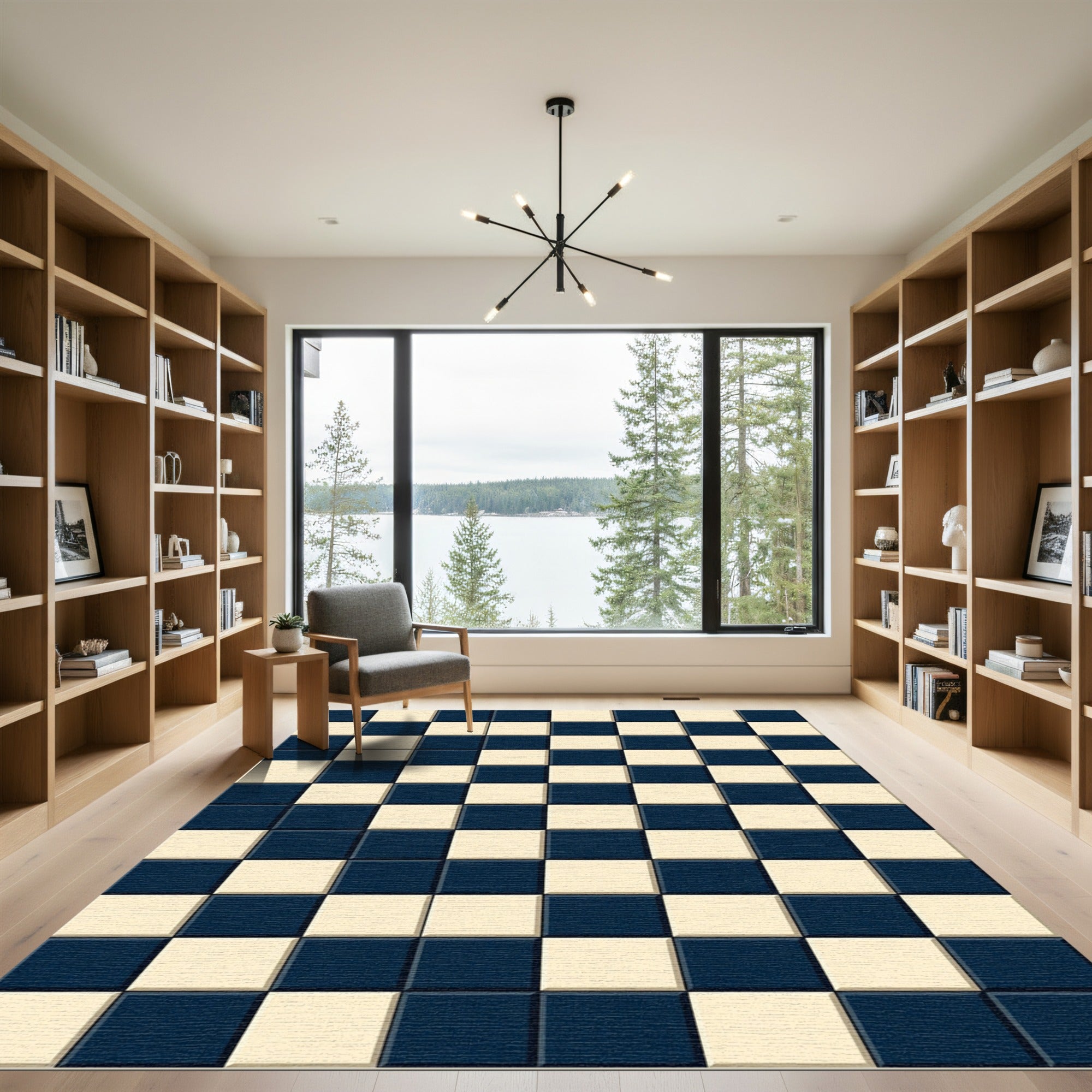 Navy and Cream Classic Checkered Grid Rug
