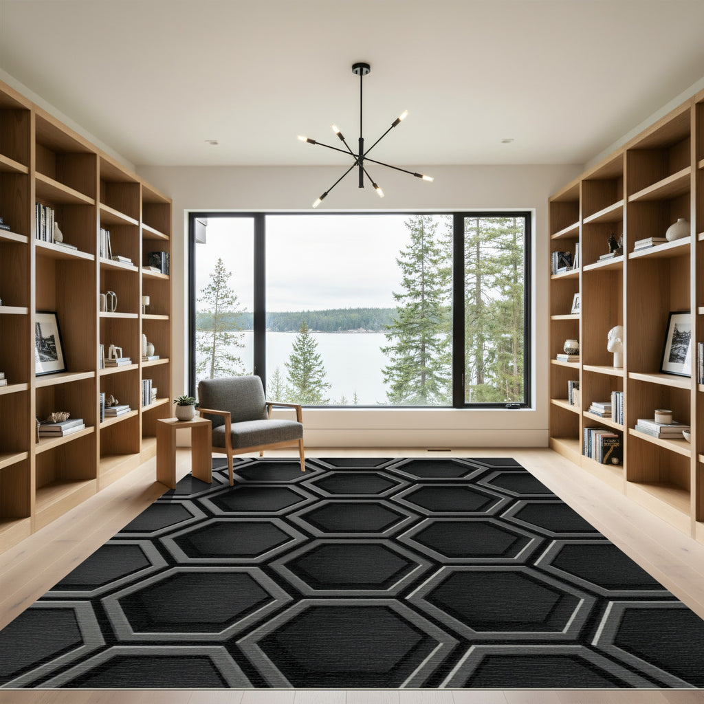 Dark Gray Geometric Hexagon Texture Rug