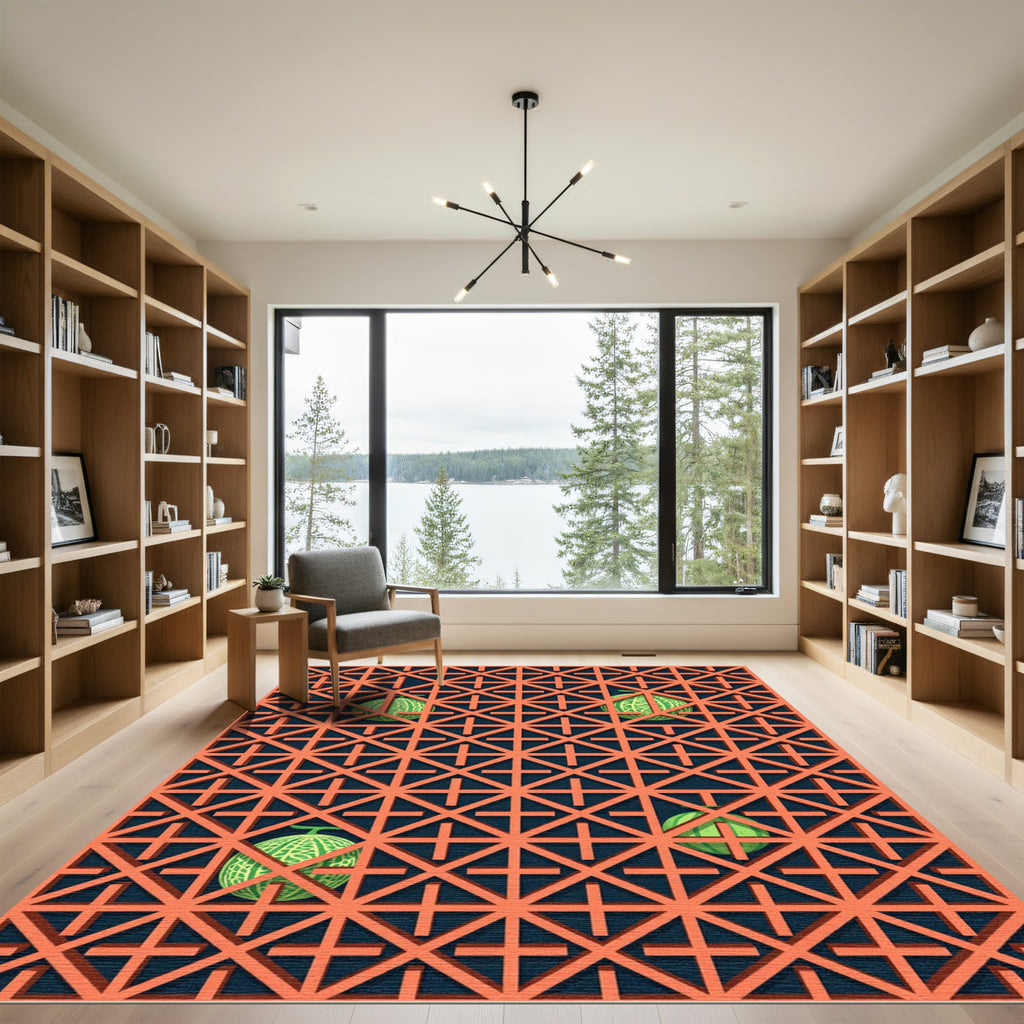 Geometric Terracotta Melon Lattice Grid Rug