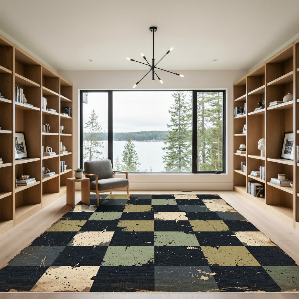 Distressed Sage and Charcoal Checkered Grid Rug