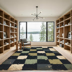 Distressed Sage and Charcoal Checkered Grid Rug