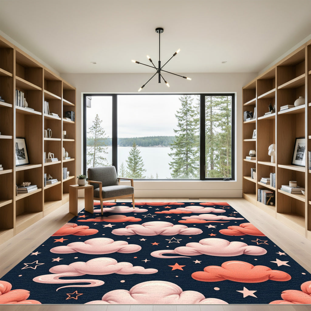Whimsical Pink Cloud and Star Sky Rug