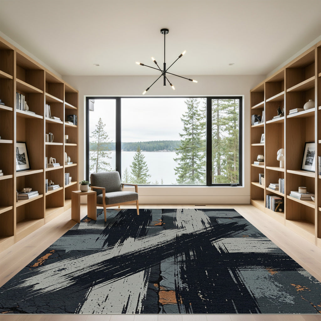Bold Charcoal Abstract Brush Stroke Rug