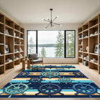 Nautical Blue Ship Wheel Striped Art Rug