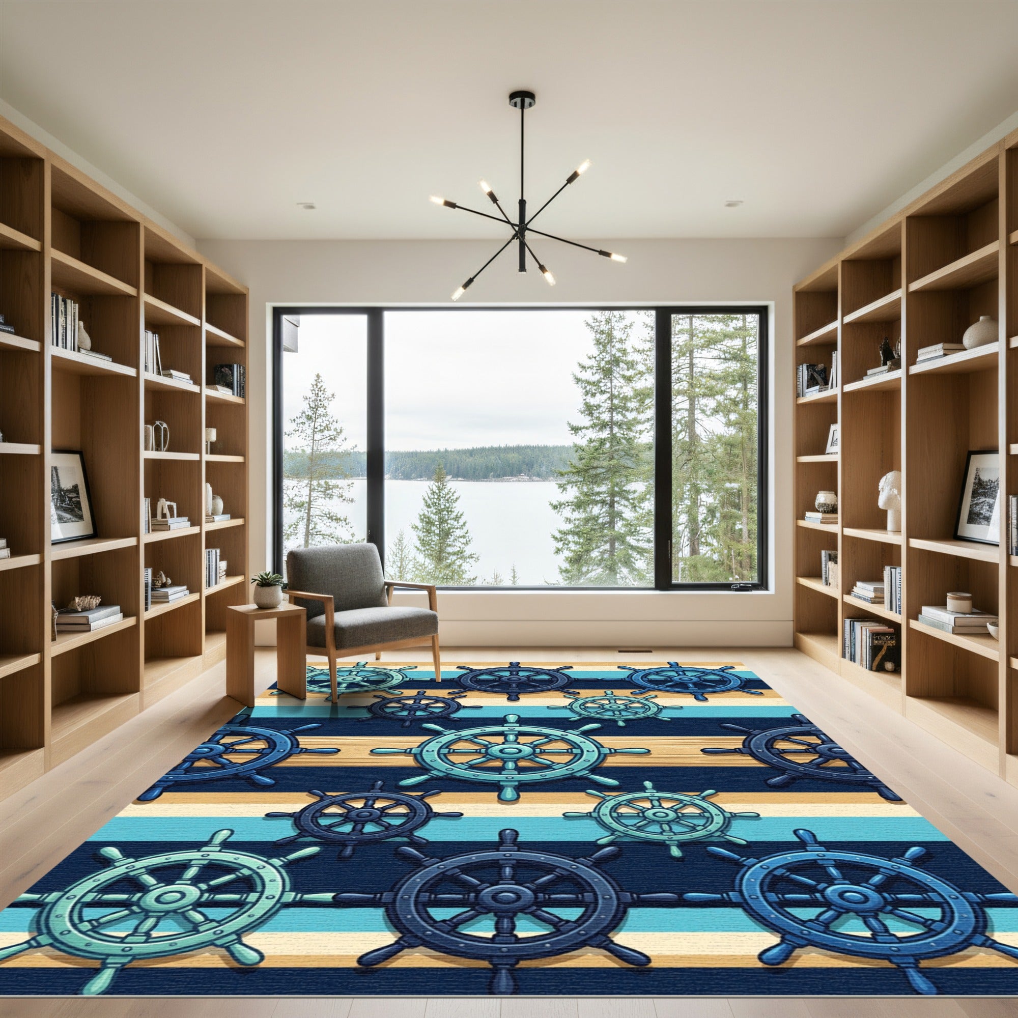 Nautical Blue Ship Wheel Striped Art Rug