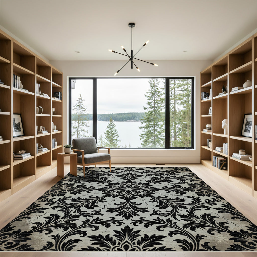 Black Damask Scroll Medallion Slate Gray Rug