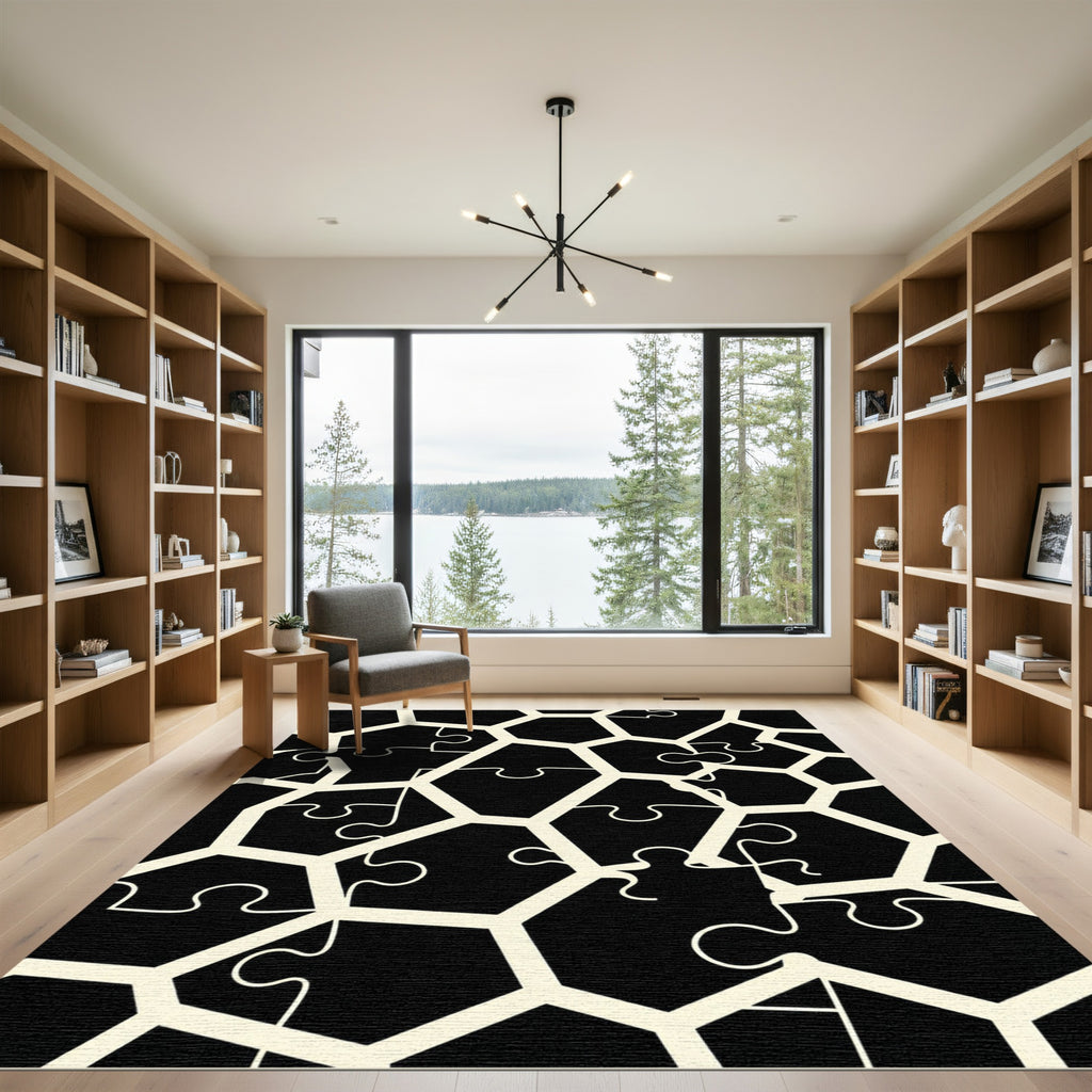 Modern Monochrome Interlocking Puzzle Tile Rug