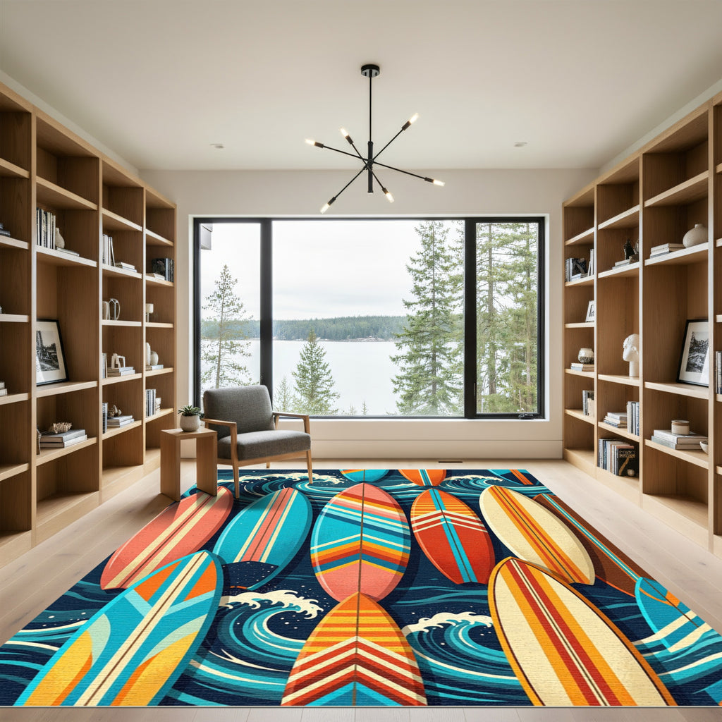 Retro Surfboard Wave Ocean Art Rug