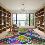 Vibrant Isometric City Streetscape Grid Rug