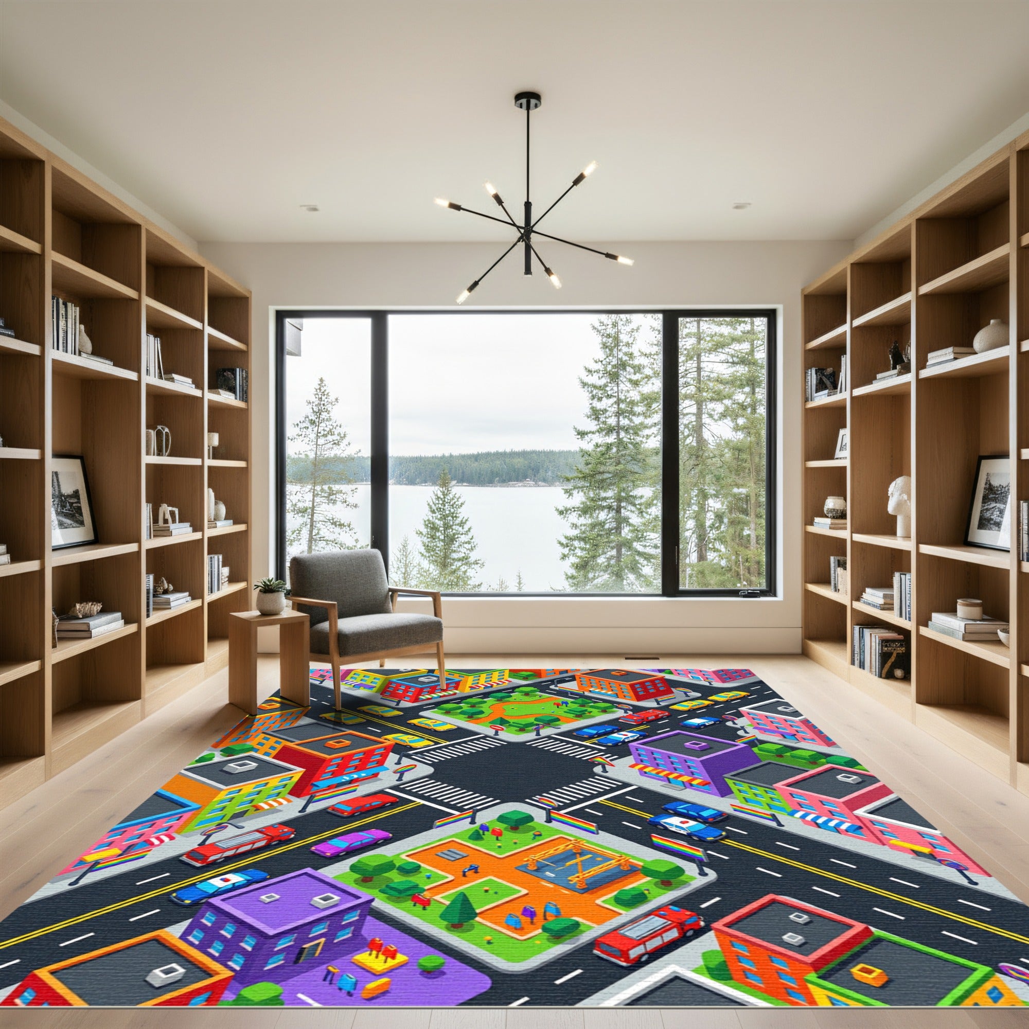 Vibrant Isometric City Streetscape Grid Rug