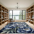 Elegant Navy Blue Peony Floral Rug