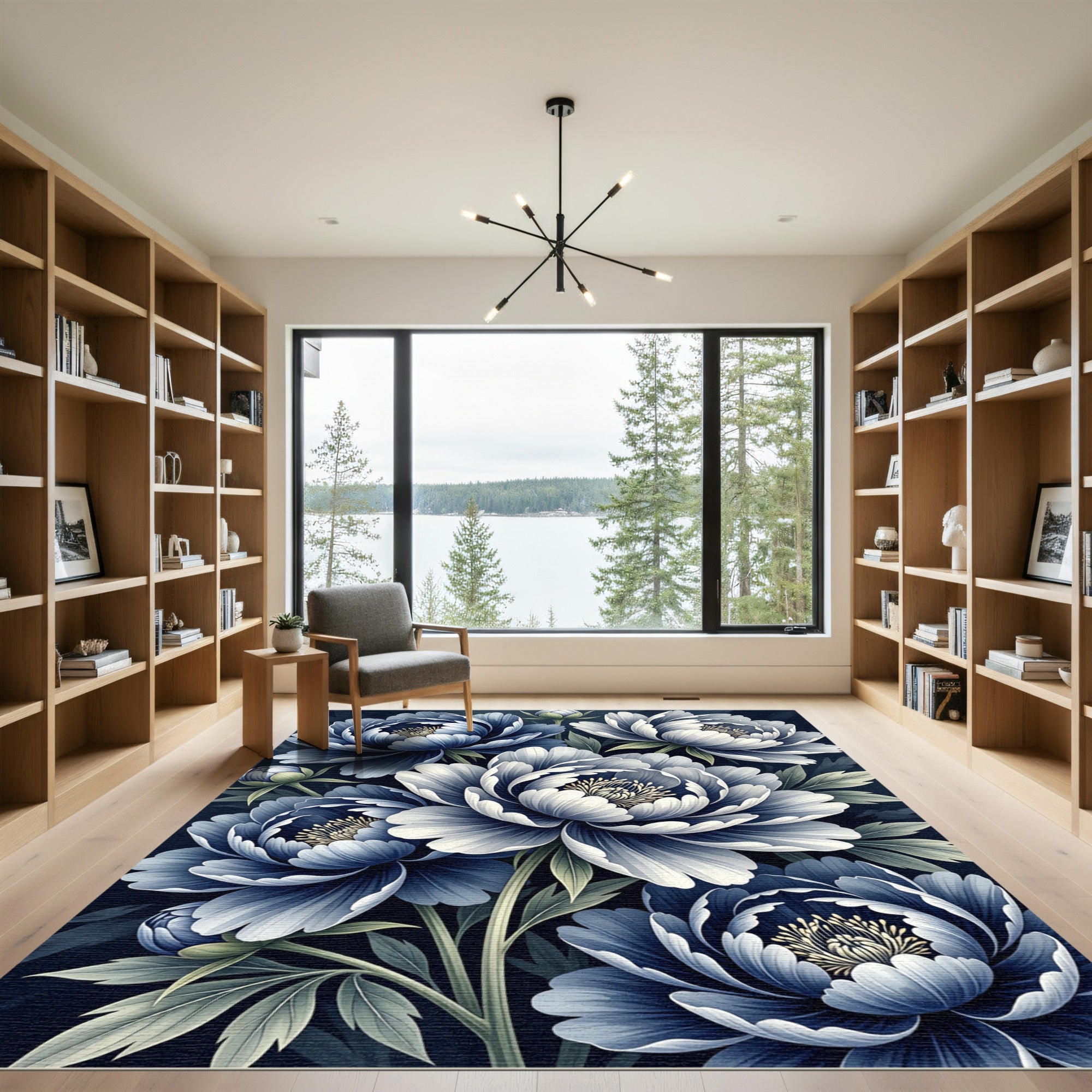 Elegant Navy Blue Peony Floral Rug