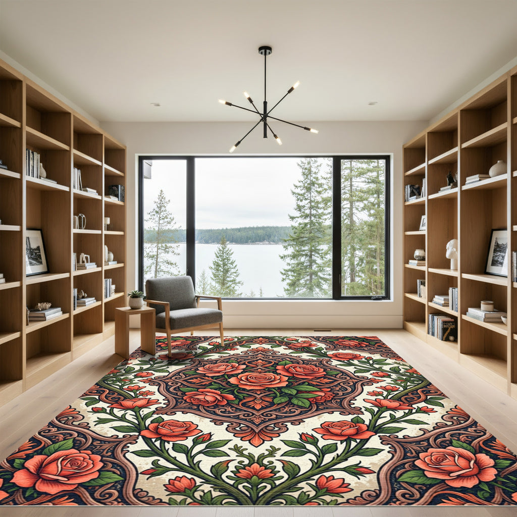 Ornate Damask Coral Rose Medallion Rug