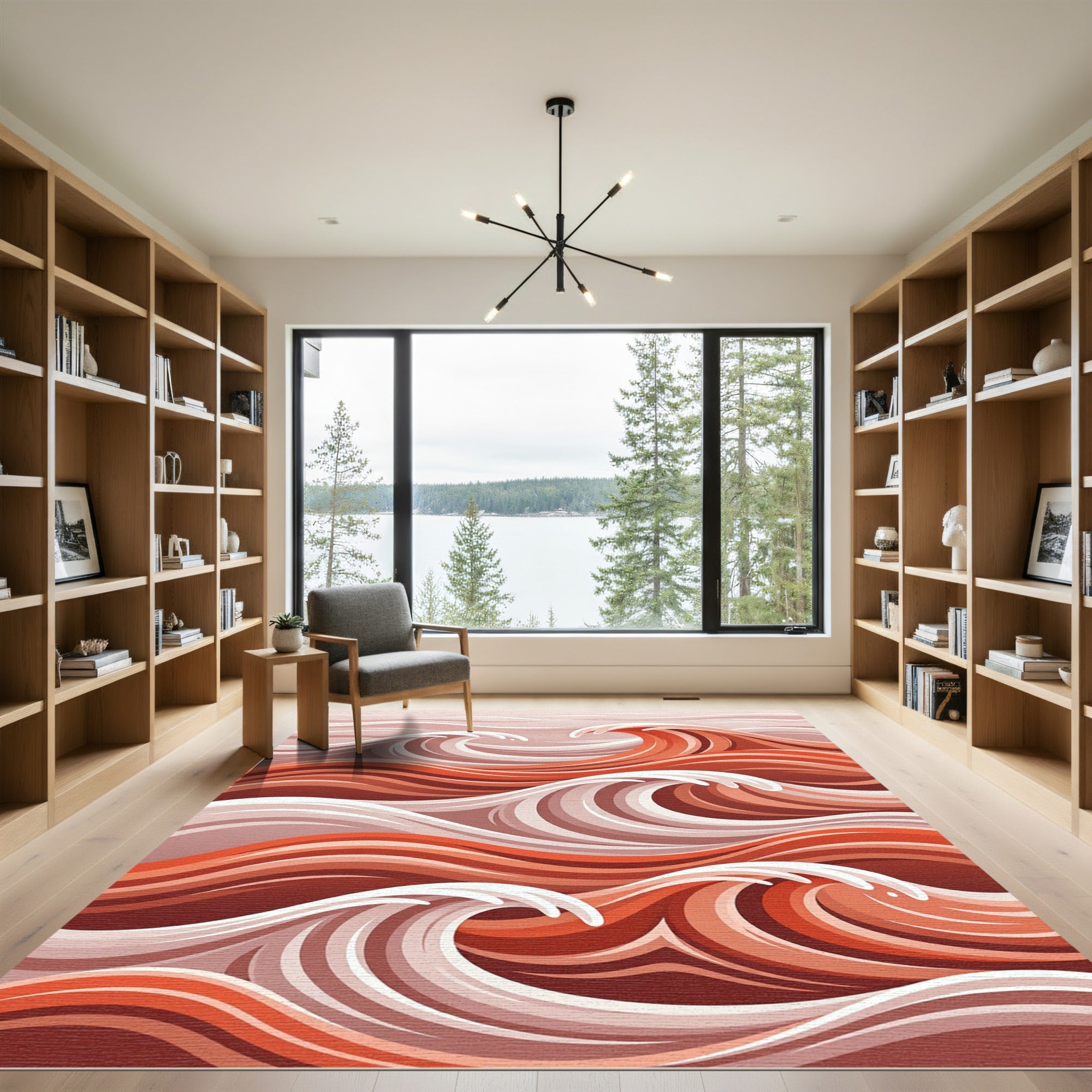 Crimson Contemporary Abstract Wave Rug