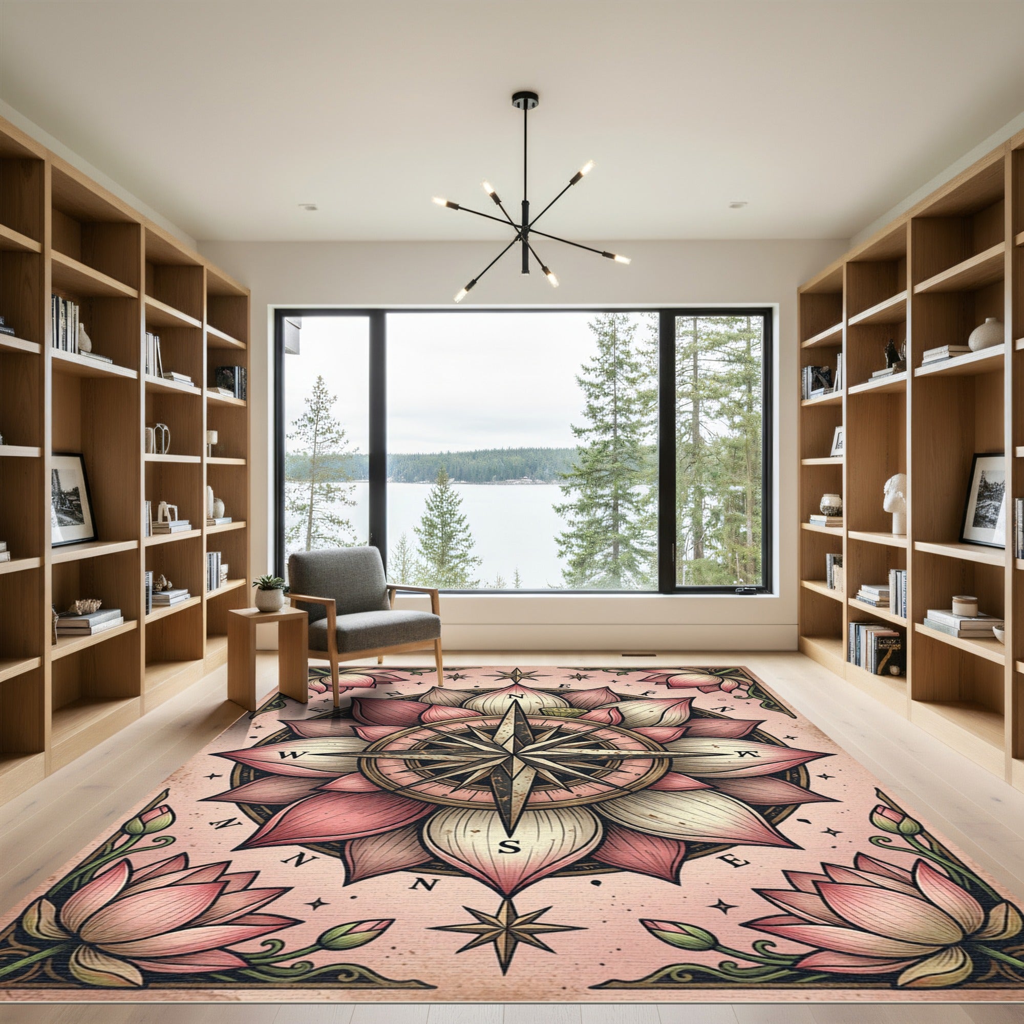 Blush Pink Lotus Compass Floral Medallion Rug