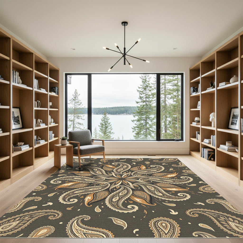 Earthy Brown Paisley Floral Mandala Rug