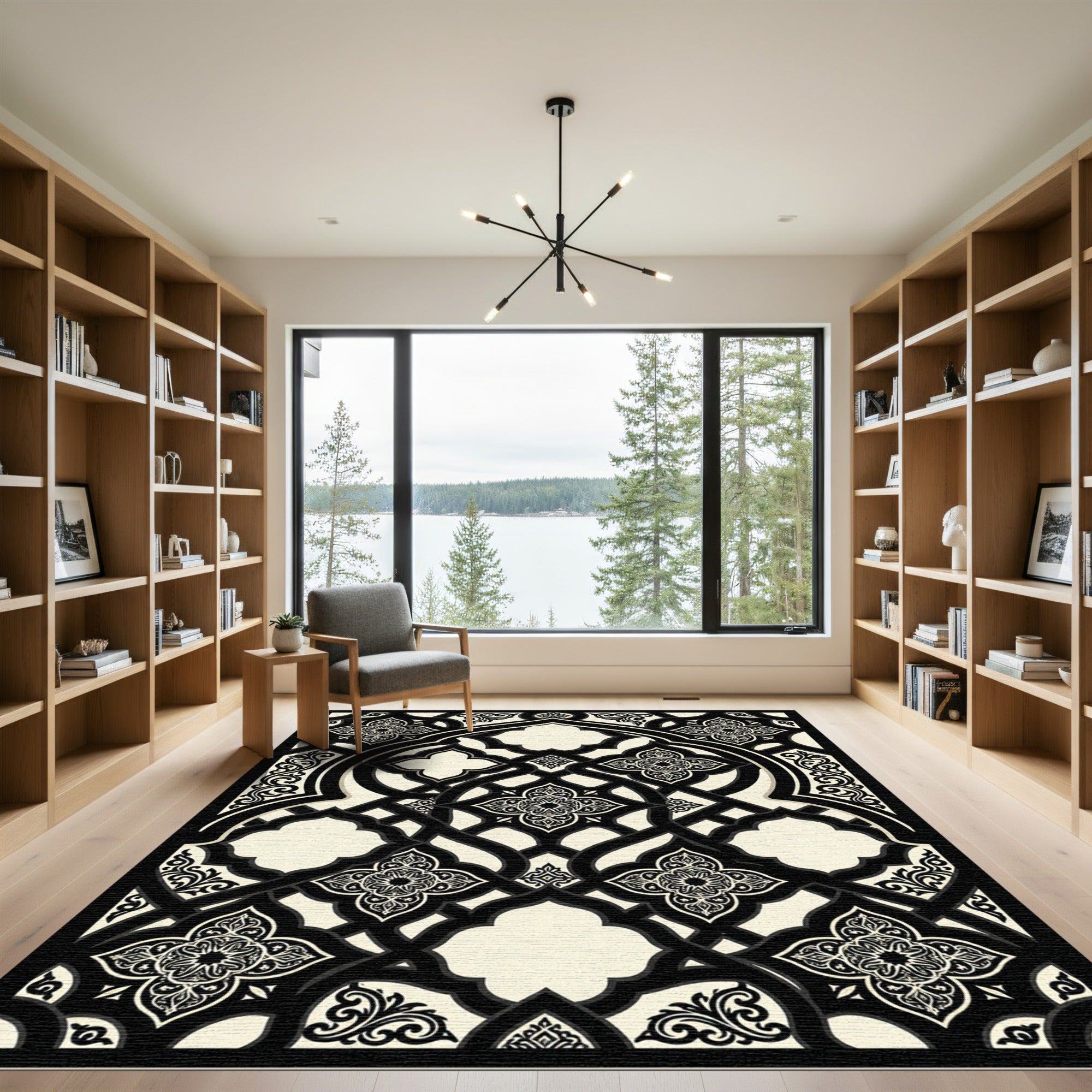 Elegant Monochrome Ornamental Filigree Medallion Rug