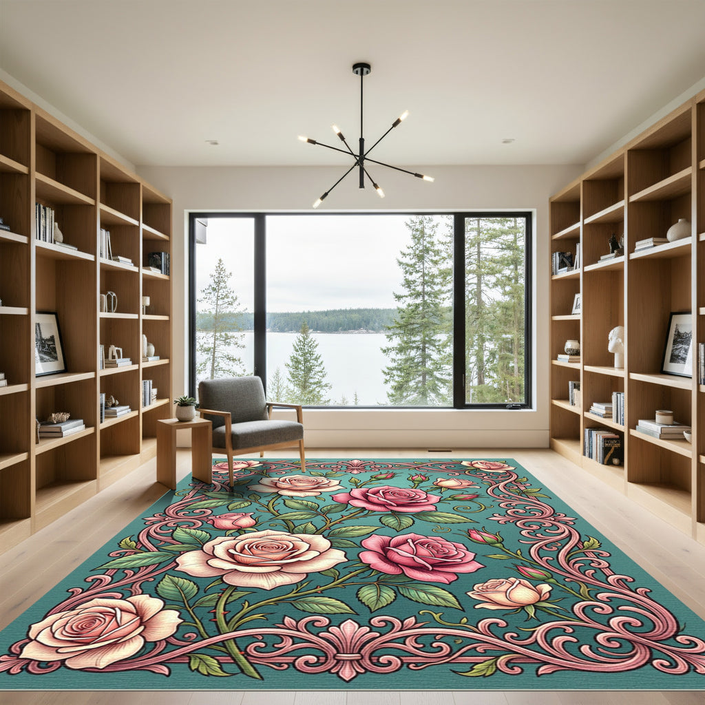 Elegant Pink Rose Scrollwork Botanical Rug
