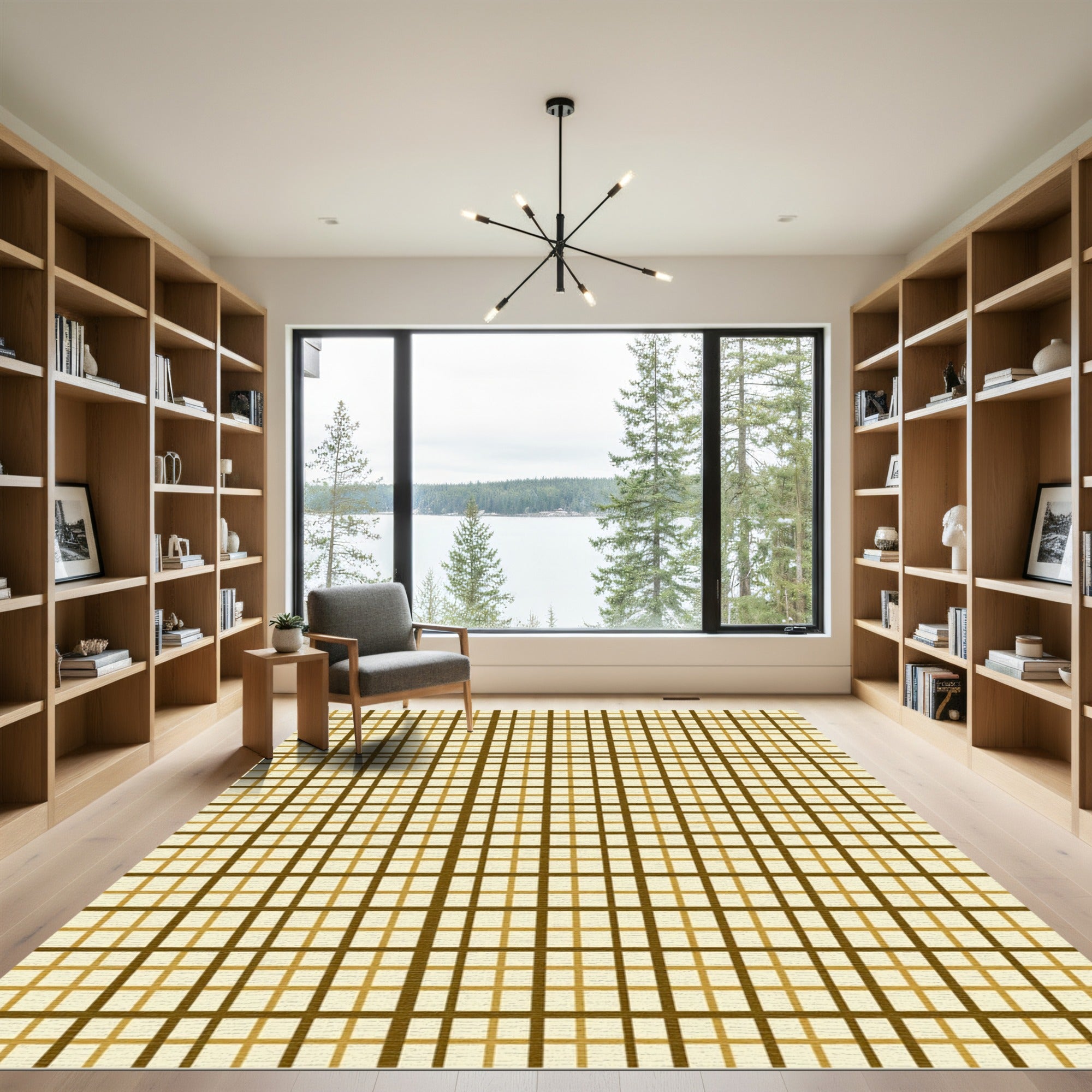 Modern Ochre Neutral Grid Checkered Rug