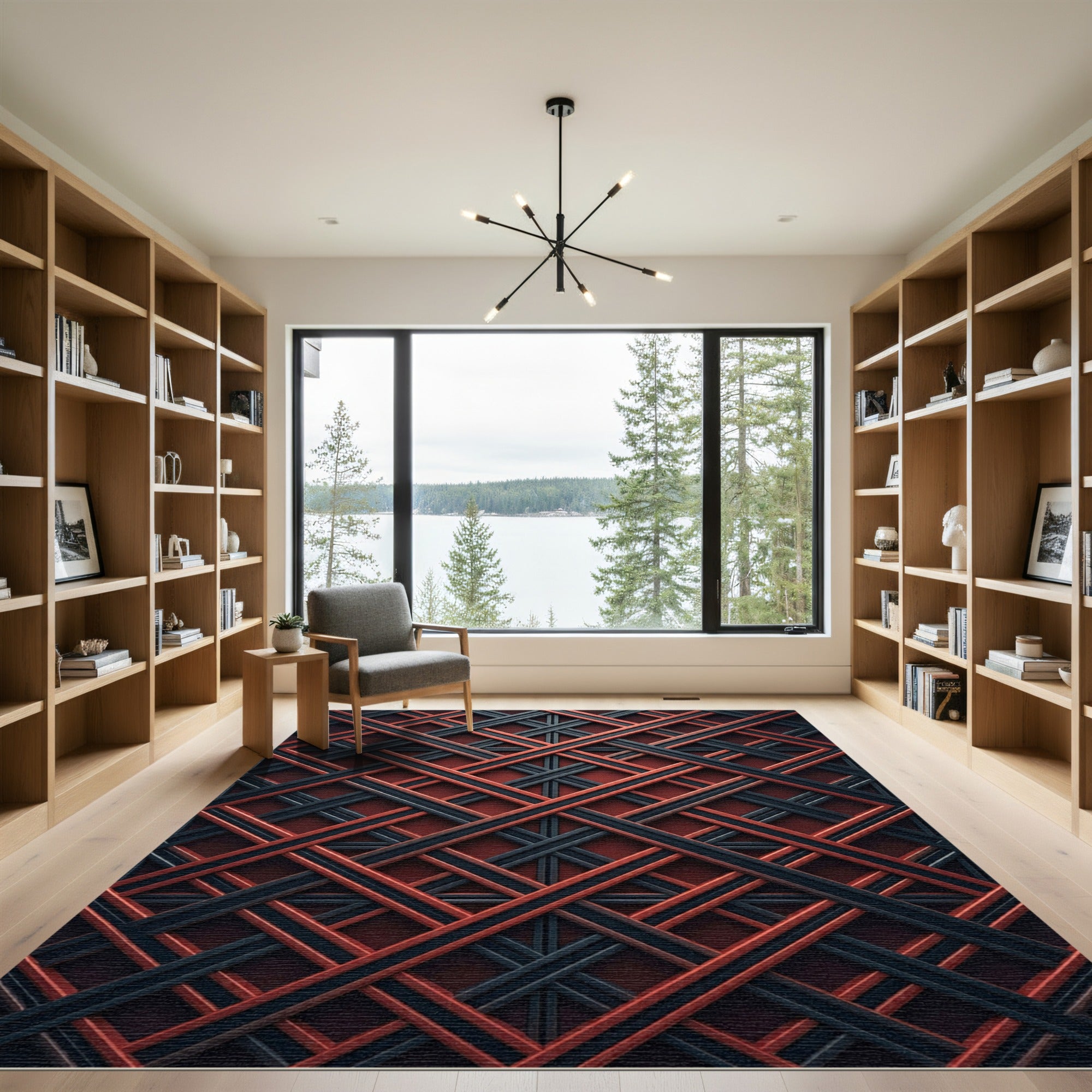 Rustic Crimson and Charcoal Geometric Grid Rug