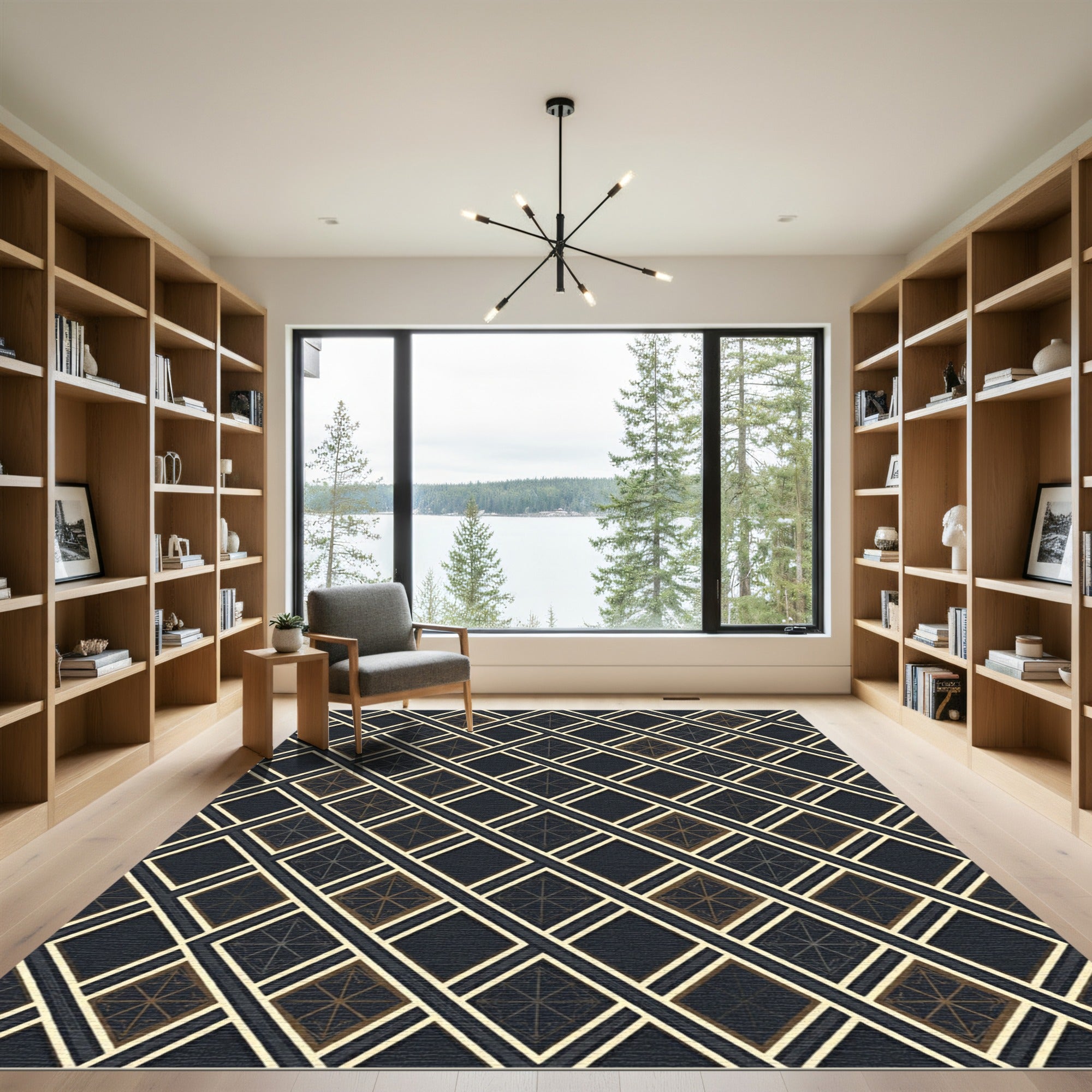 Sophisticated Gold and Charcoal Geometric Lattice Rug