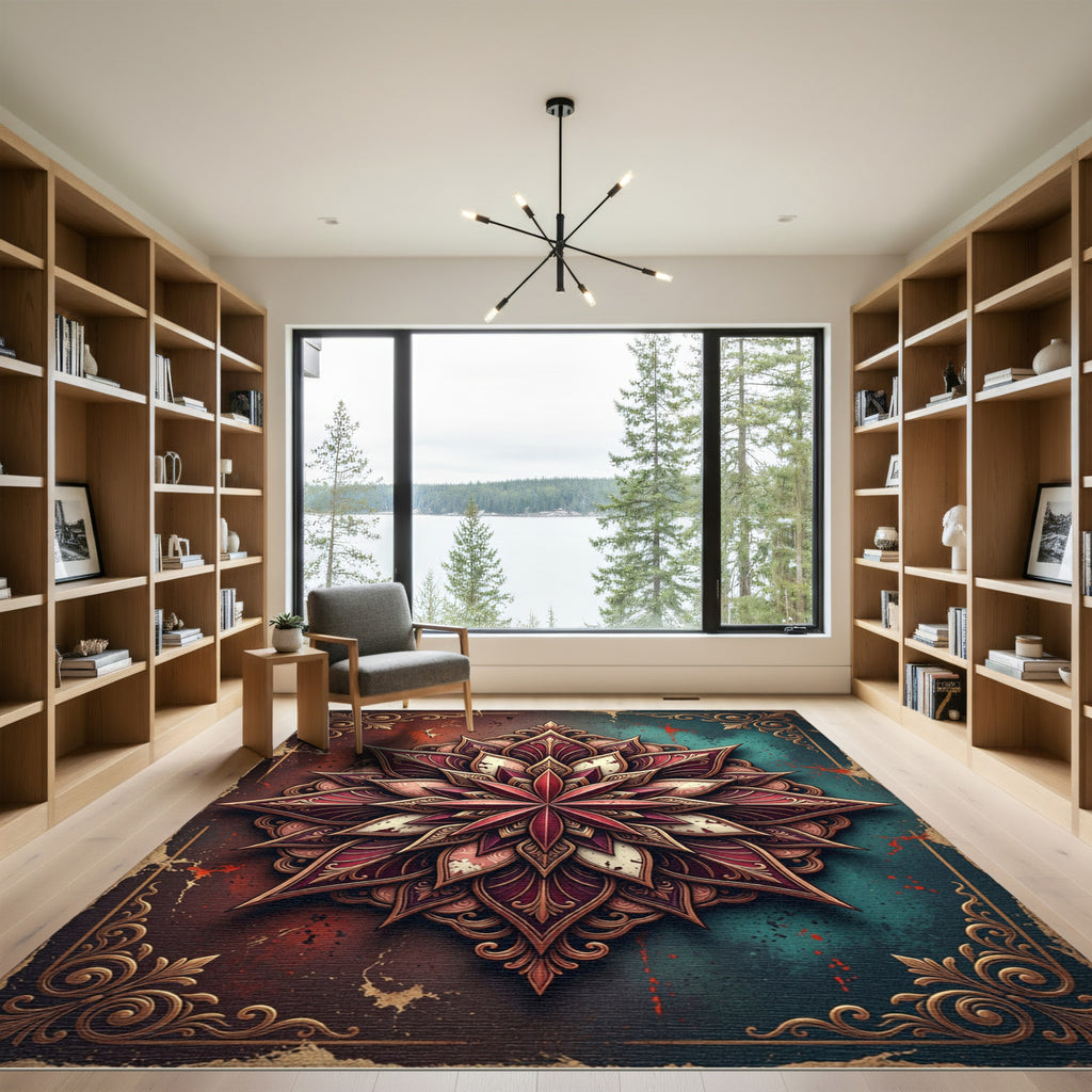 Ornate Crimson Teal Mandala Medallion Rug