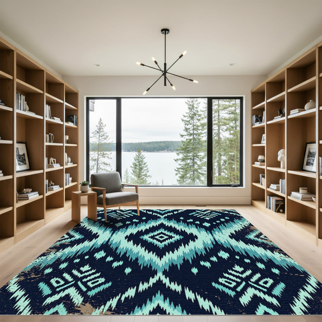 Teal Indigo Ikat Diamond Geometric Rug