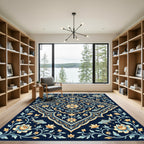 Golden Navy Fish Floral Medallion Rug