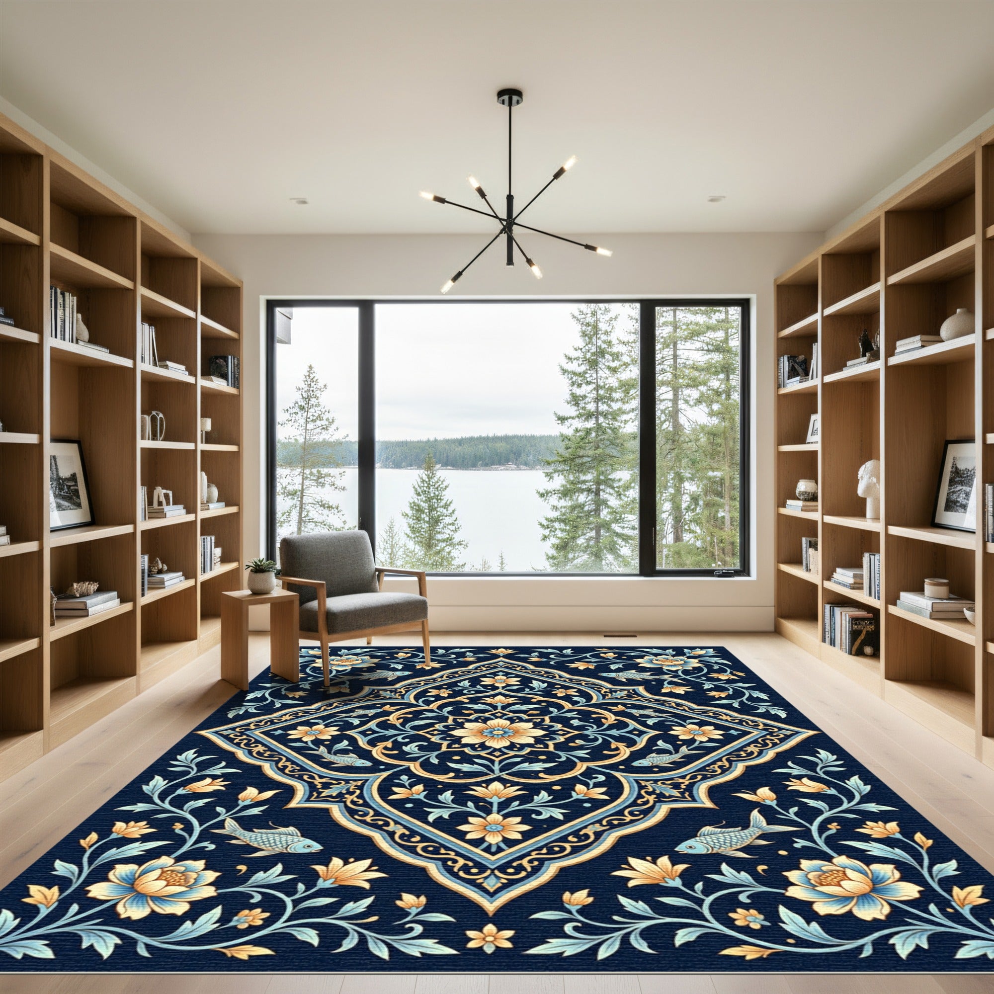 Golden Navy Fish Floral Medallion Rug