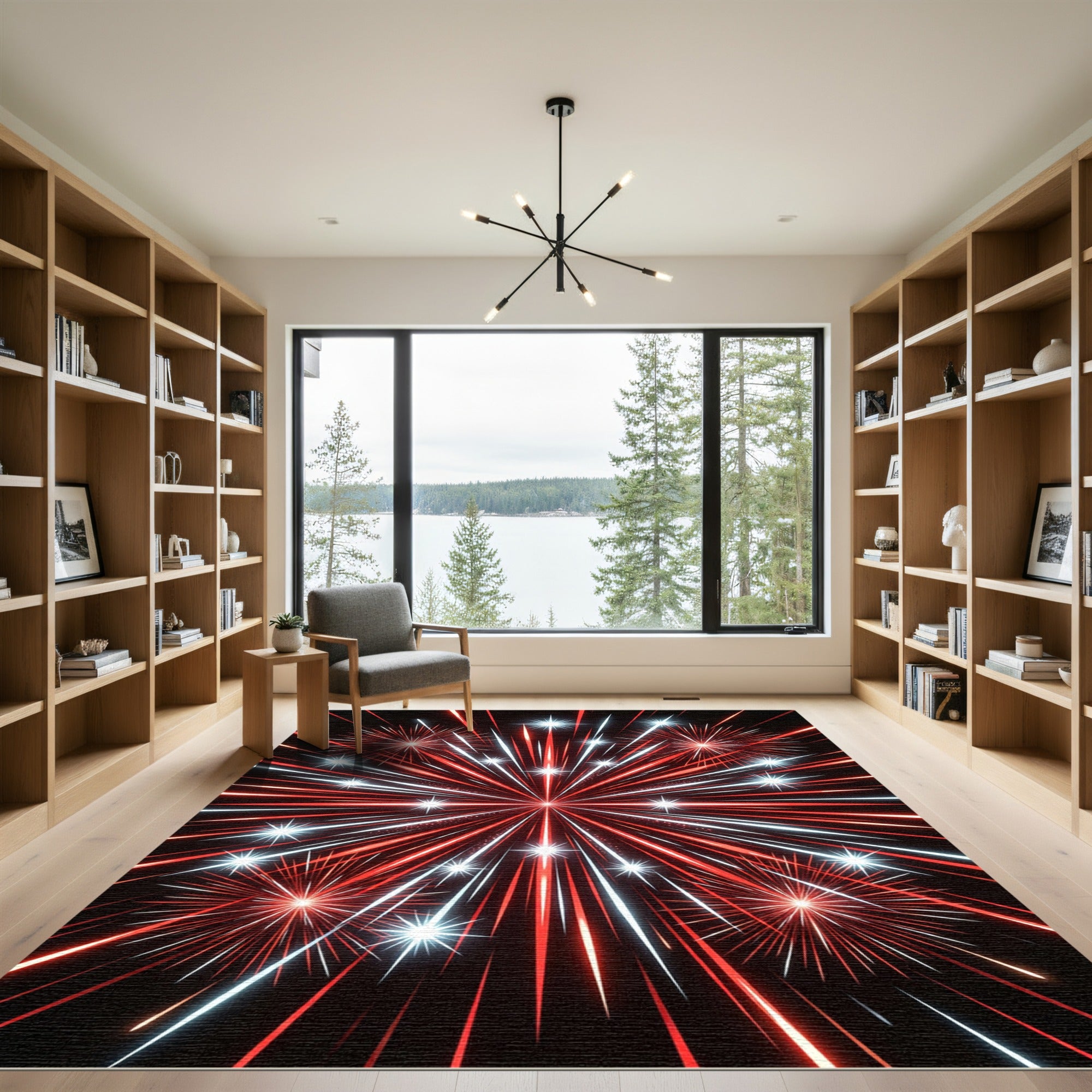 Red White Bursting Starburst Fireworks Rug