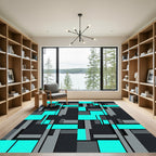 Cyan and Gray Geometric Block Art Rug