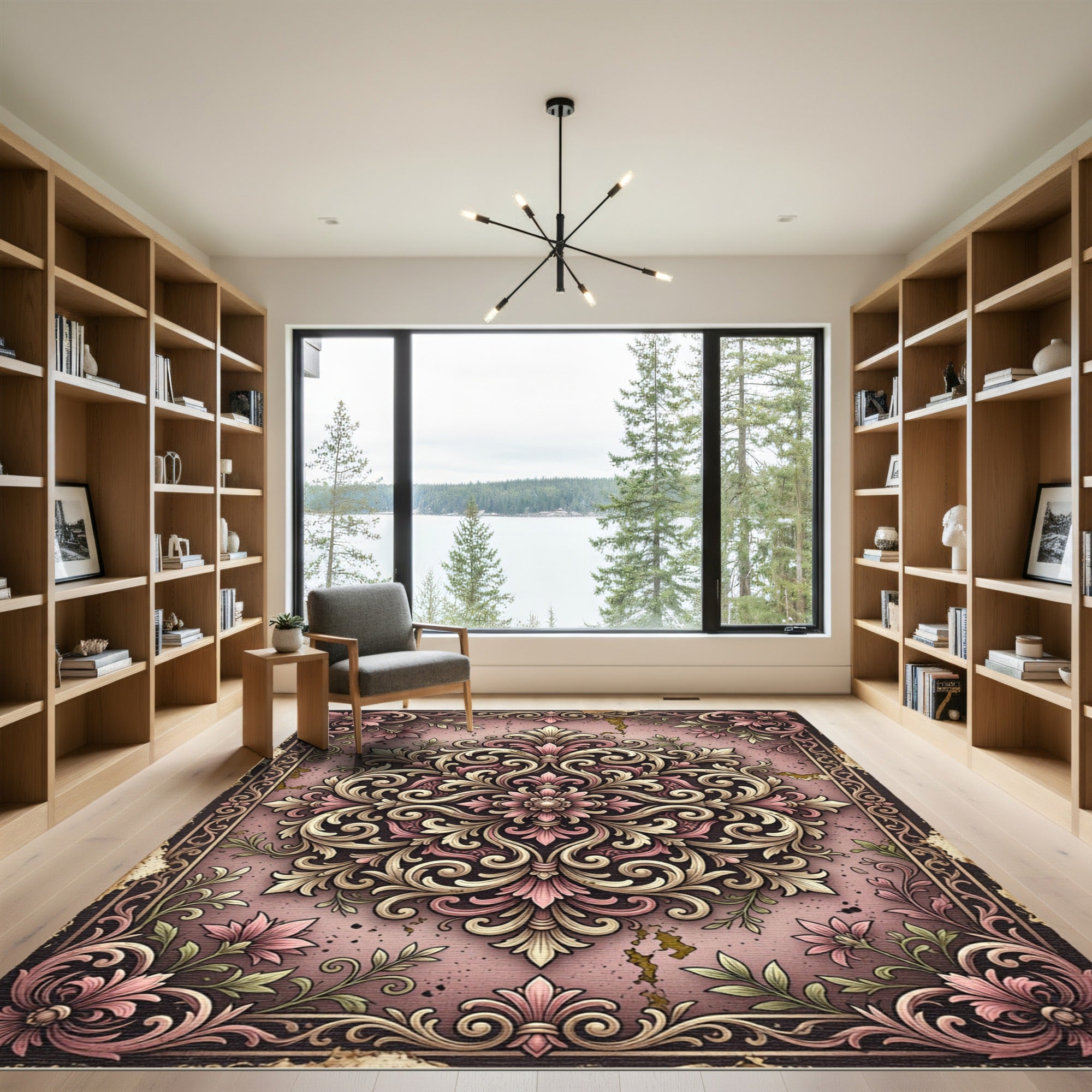 Vintage Dusty Rose Ornate Scroll Medallion Rug