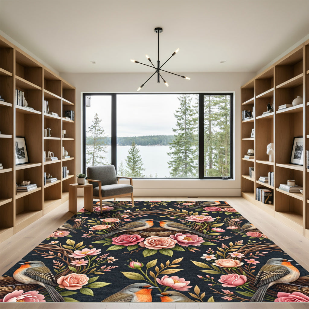 Romantic Birds and Roses Floral Wreath Rug