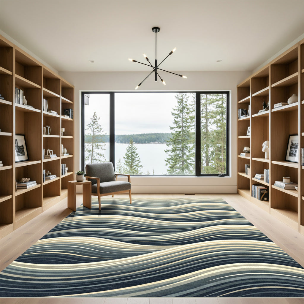 Modern Neutral Blue Swelling Wave Rug