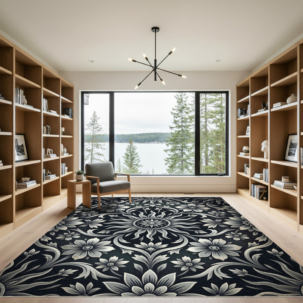 Monochrome Floral Sunburst Scroll Rug