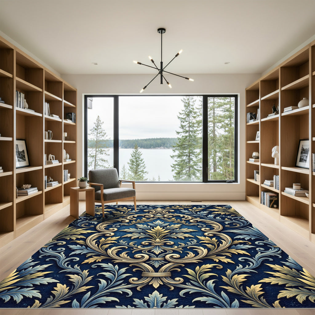 Ornate Golden Blue Floral Arrangement Rug