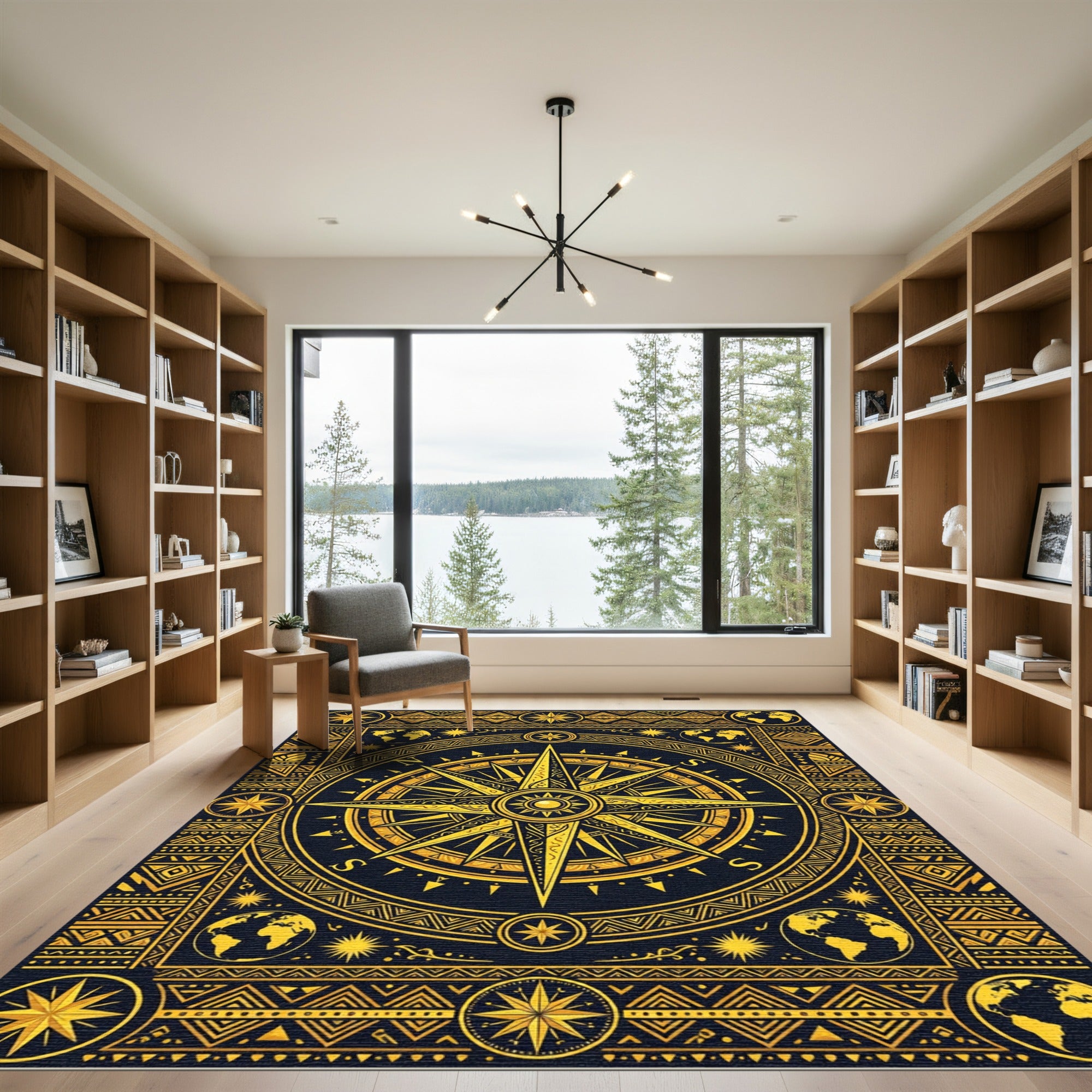 Golden Nautical Compass Global Map Rug