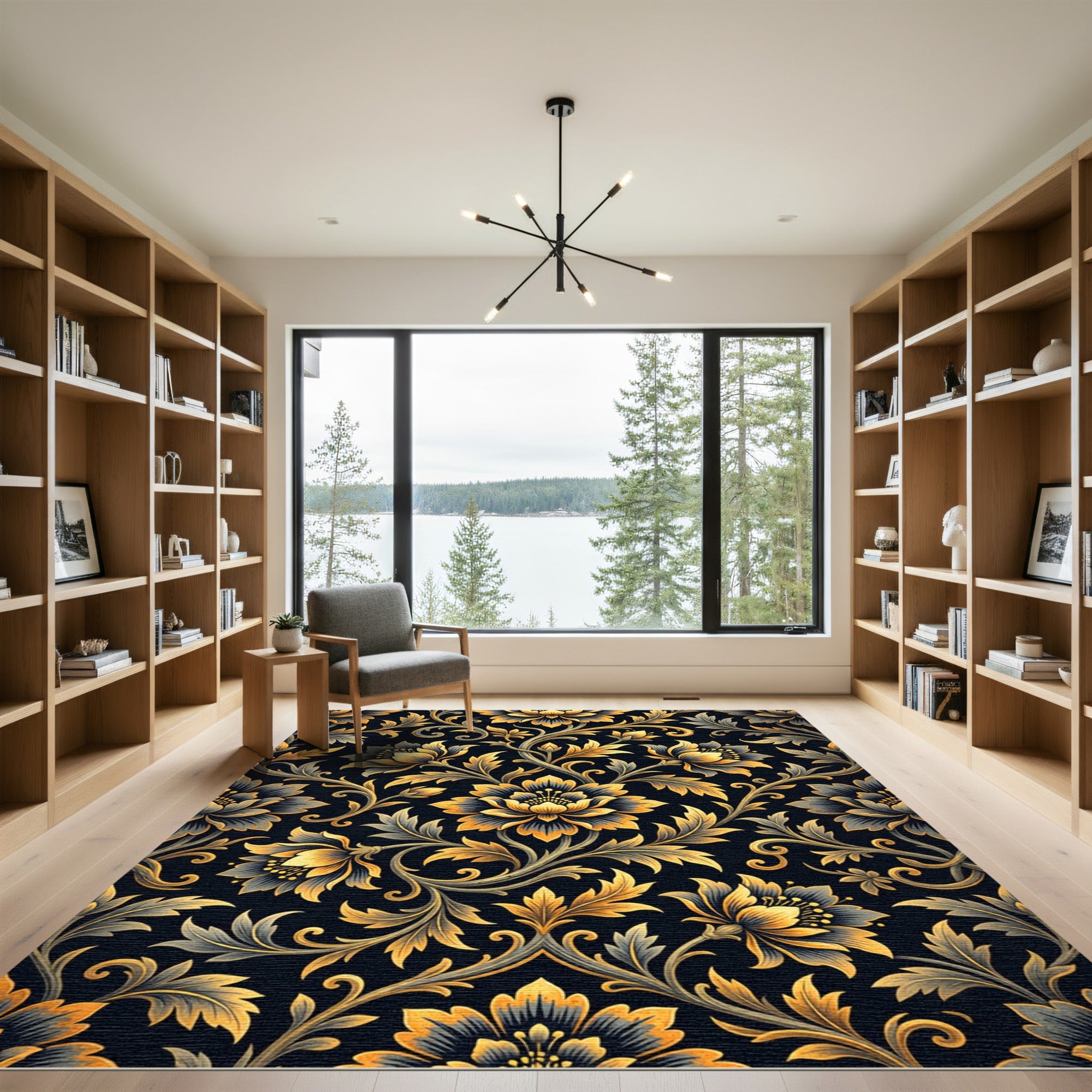 Luxurious Black Gold Floral Damask Rug