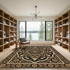 Elegant Black Gold Floral Medallion Rug