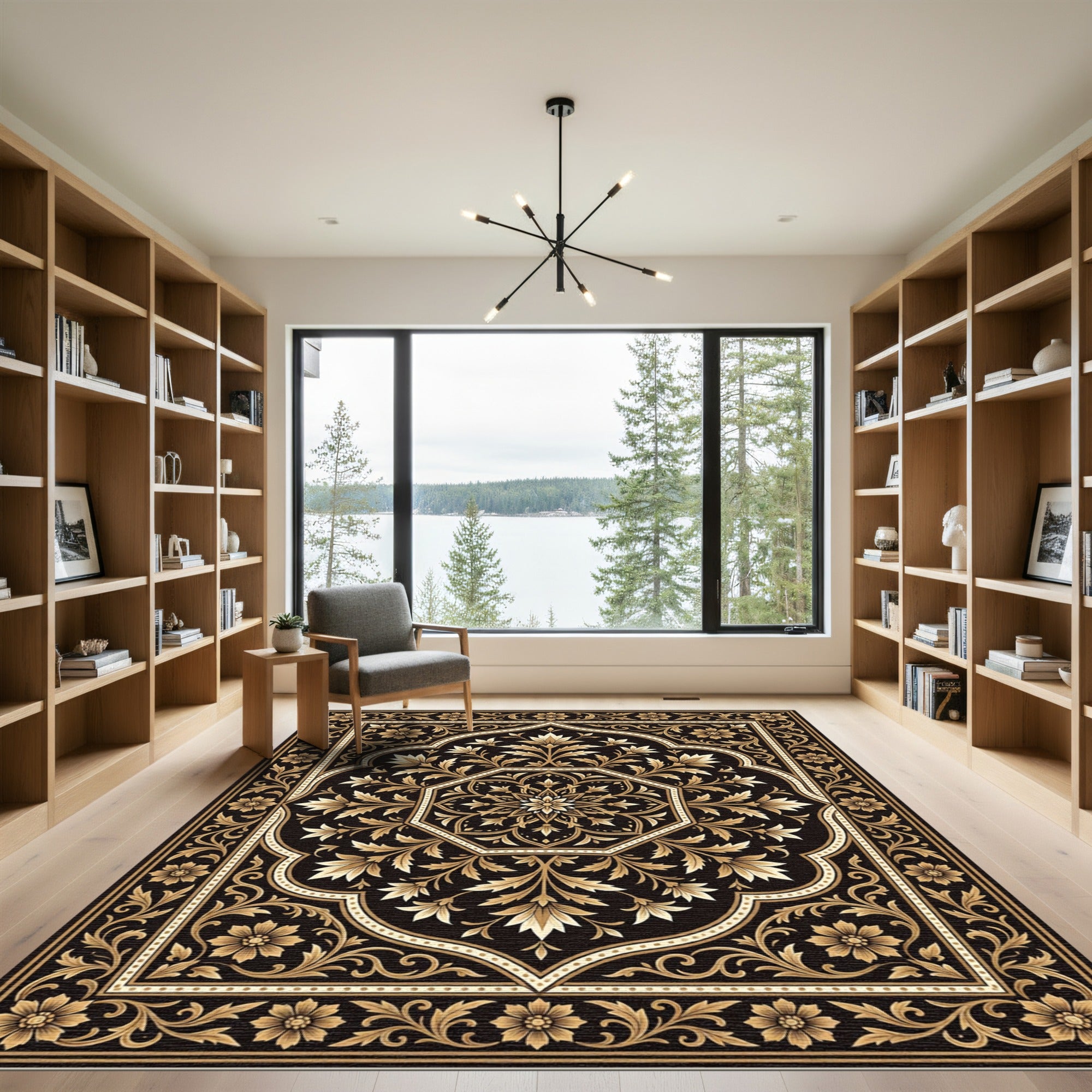 Elegant Black Gold Floral Medallion Rug