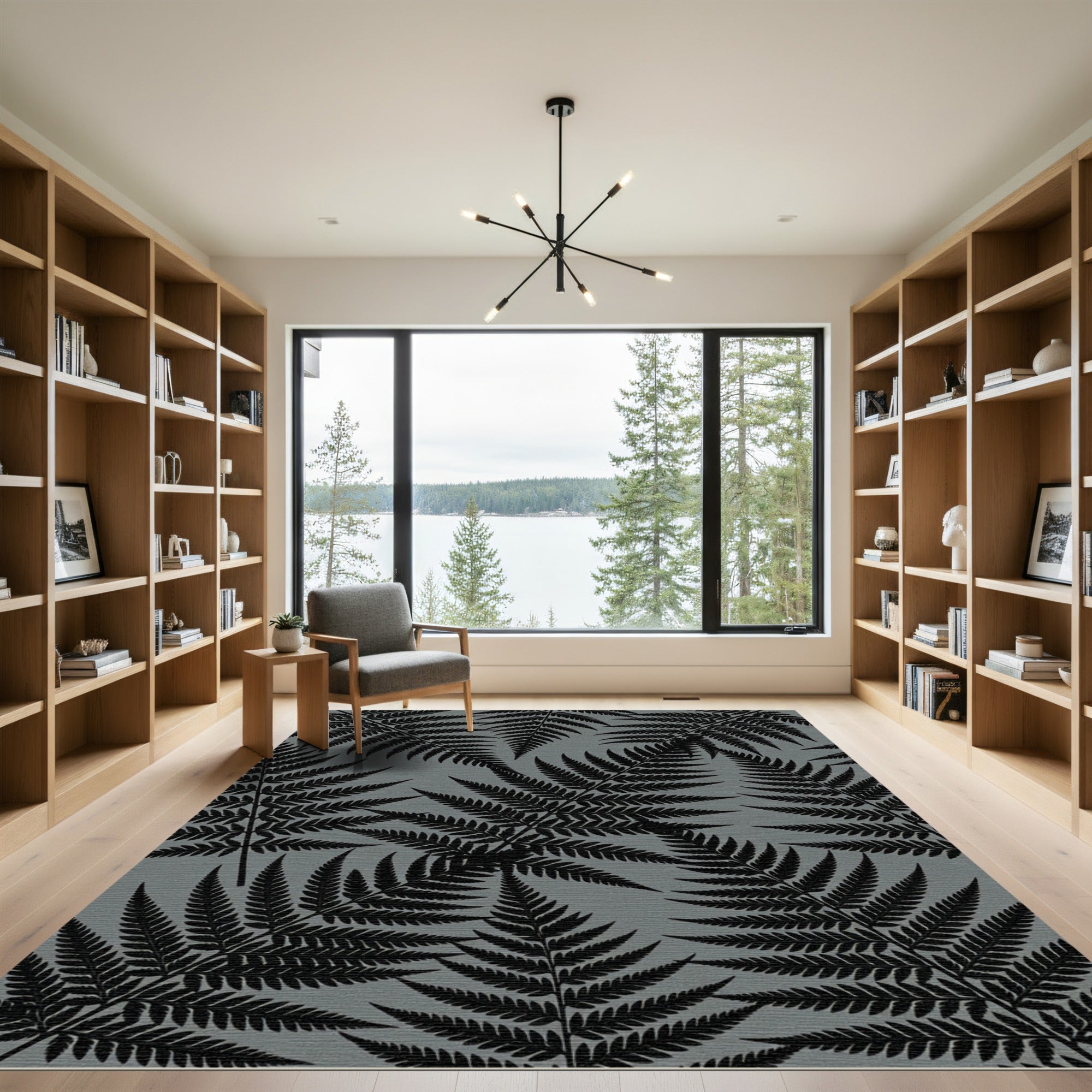 Dark Fern Leaf Silhouette Gray Rug