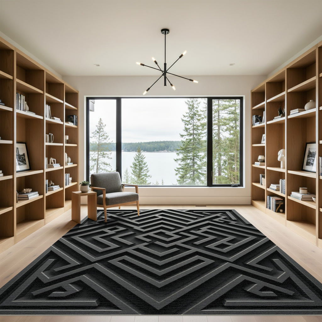 Monochromatic Charcoal Geometric Labyrinth Maze Rug