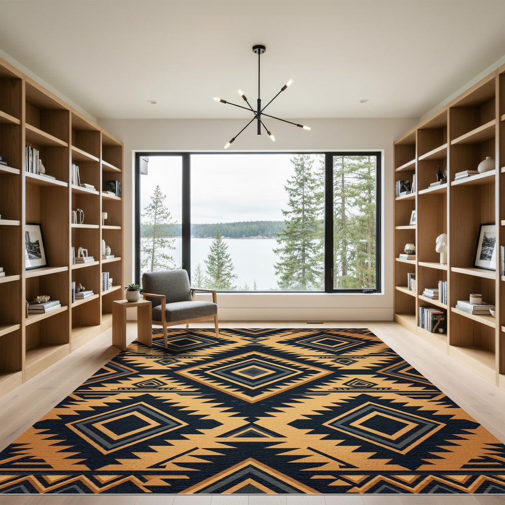 Geometric Ochre and Charcoal Aztec Rug