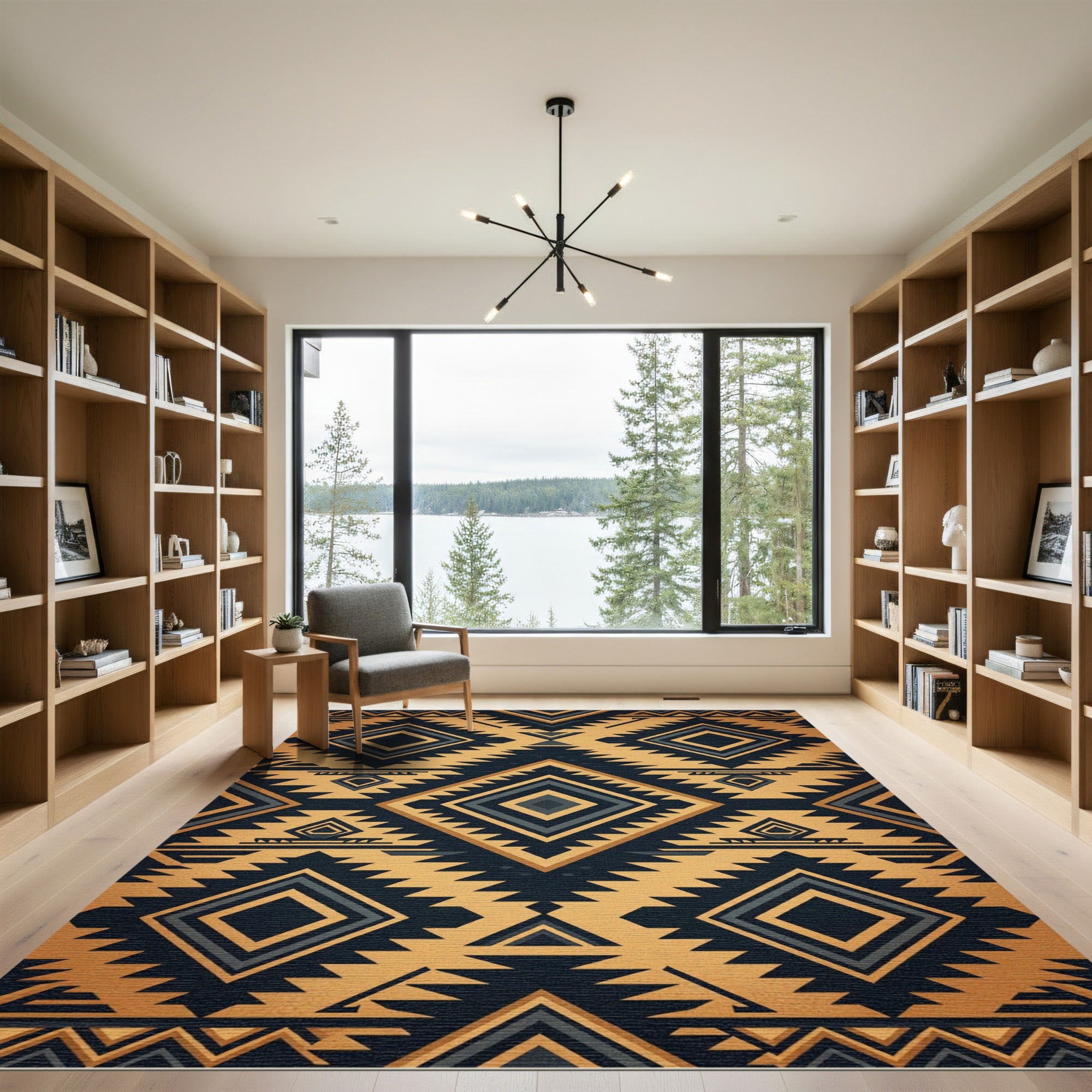 Geometric Ochre and Charcoal Aztec Rug
