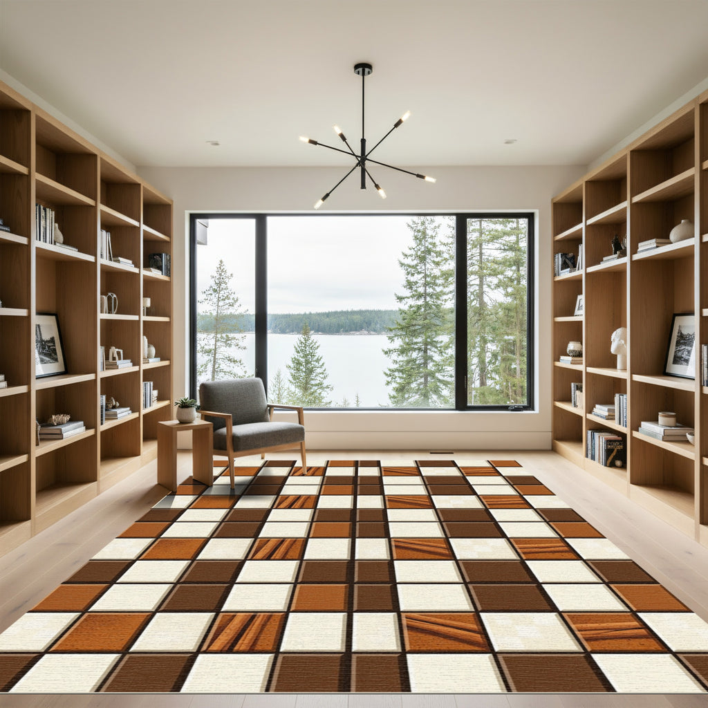 Brown Cream Checkerboard Wood Effect Squares Rug